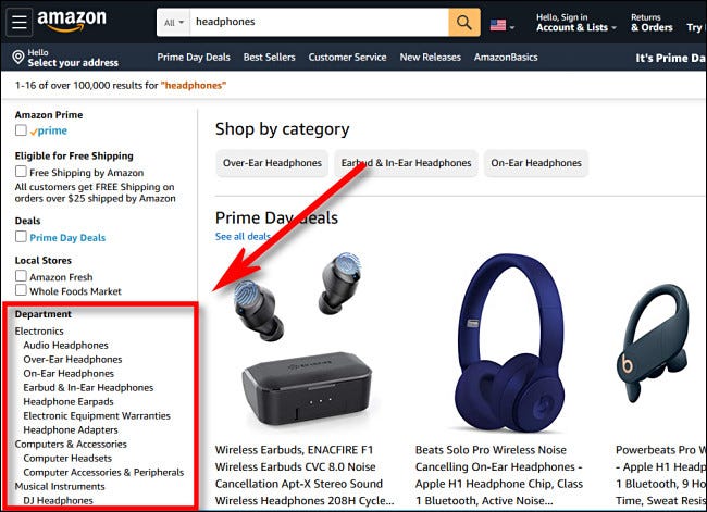 In the Amazon.com sidebar, choose a department