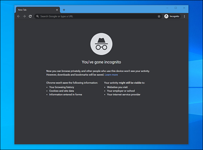 Incognito mode in Google Chrome on Windows 10.