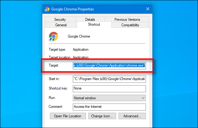 Locate the Target text field for the Google Chrome shortcut.