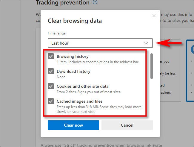 In the Microsoft Edge Clear browsing data window, select which aspects of your history you'd like to clear.