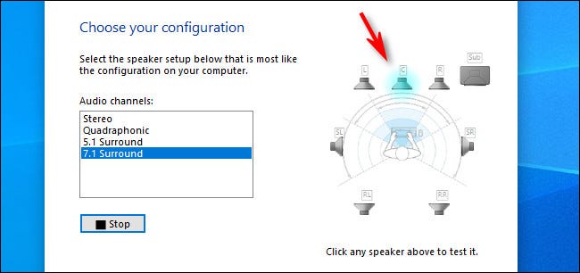 In Speaker Setup on Windows 10, click an individual speaker to hear a sound played from it.