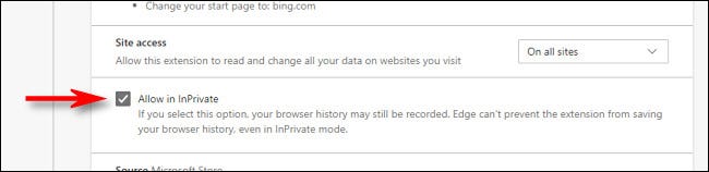 In Edge extension details, check the box beside Allow InPrivate.