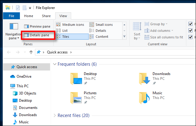 Click Details Pane in Windows 10 File Explorer
