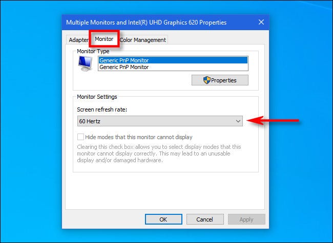In the display adapter settings, click the Monitor tab and set the refresh rate.