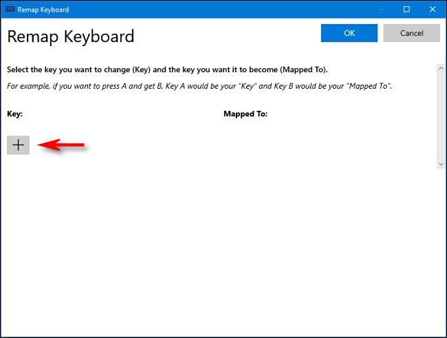 Click the plus sign (+) in the Remap Keyboard menu.