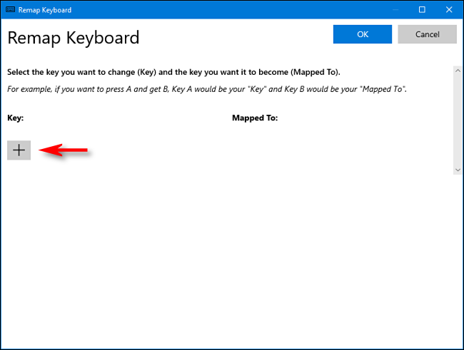 Click the plus sign (+) in the Remap Keyboard menu to add a shortcut.