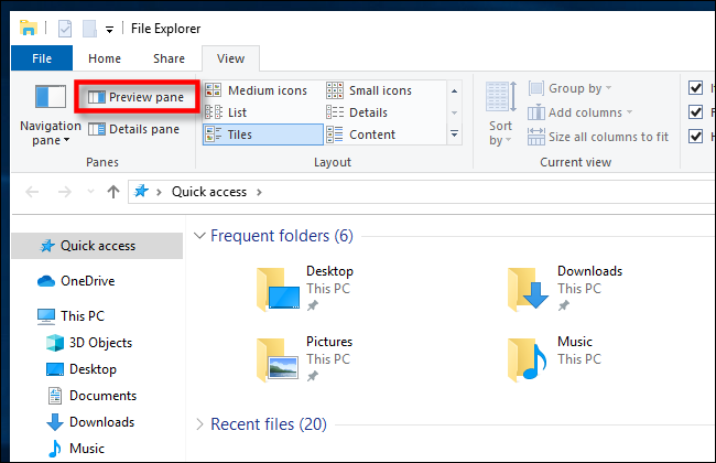 Click Preview Pane in Windows 10 File Explorer