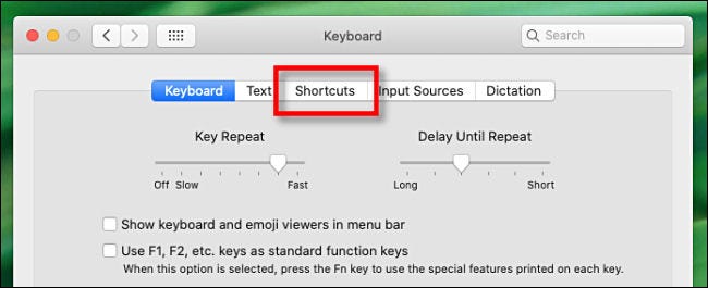 Click Shortcuts in the Keyboard menu.