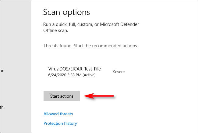 Click Start Actions in Microsoft Defender