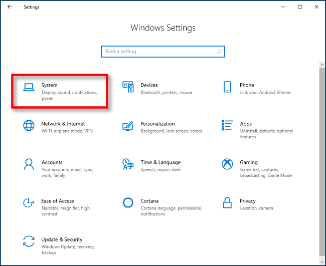 Click System in Windows Settings on Windows 10.