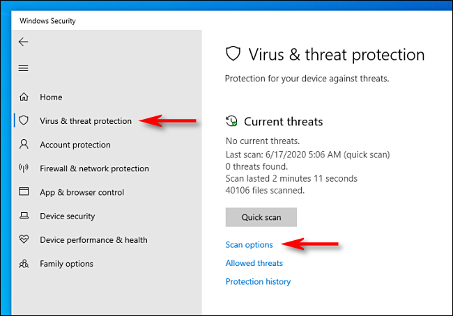 Click Scan options in Microsoft Defender on Windows 10