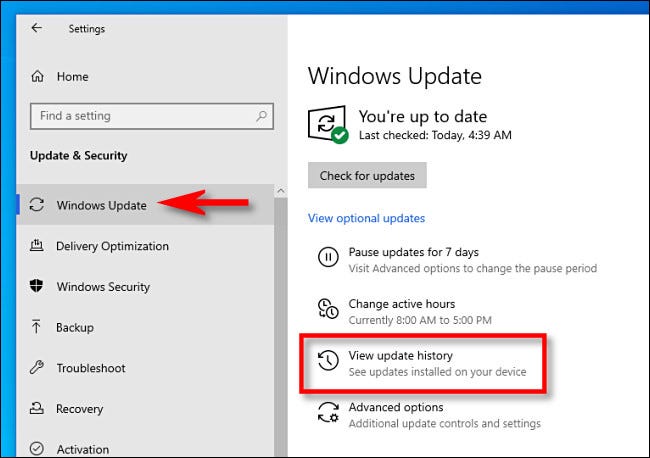 Click Windows Update, then click View update history.