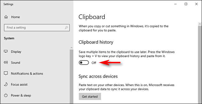 Click on the Clipboard History Switch in Windows 10 System Settings to turn it off
