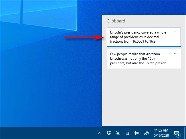 Click an item in Clipboard history to paste it into a document on Windows 10