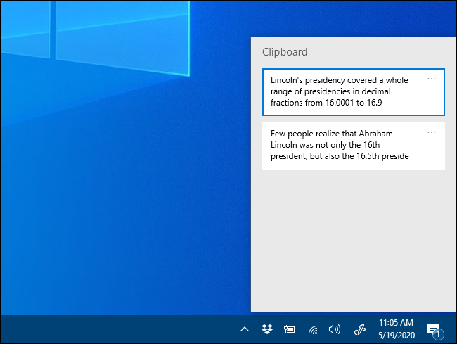The Clipboard history pop-up window on Windows 10.