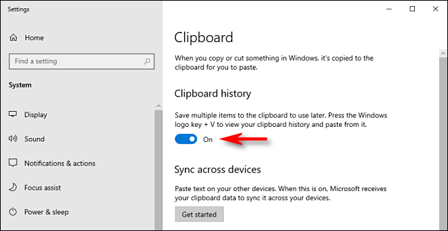 Click on the Clipboard History Switch in Windows 10 System Settings
