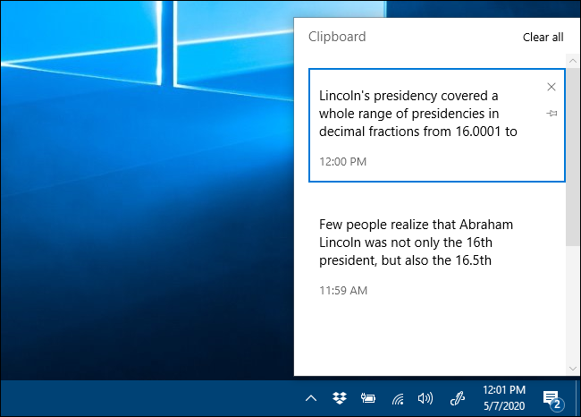 The Clipboard history window in Windows 10