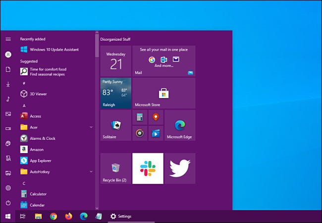 A Windows 10 Start menu with an accent color added.