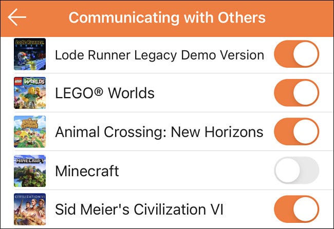 An example of enabling or disabling communicating with others for certain games in Switch parental controls.