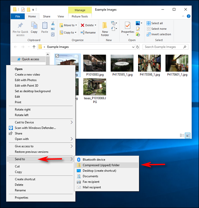 Click Send to, and then select Compressed Zip Folder in Windows 10.