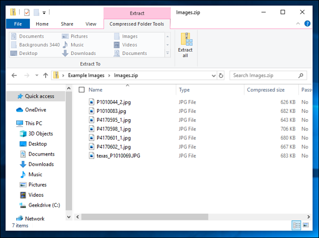 A list of compressed files in Windows 10.