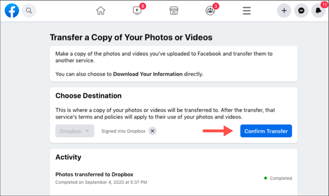 Confirm Facebook photos and videos transfer