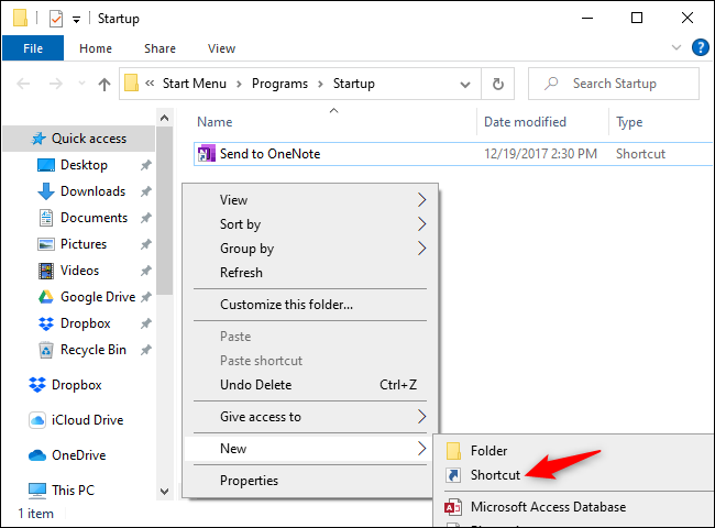 Creating a new startup shortcut on Windows 10.