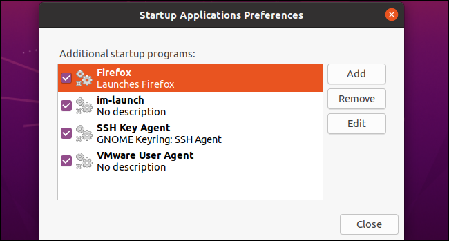 Firefox as a custom startup application on Ubuntu 20.04 LTS.