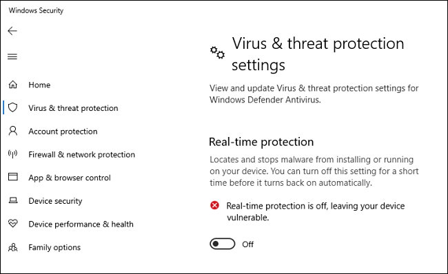 Windows 10 Defender Antivirus Real-Time Protection Option Turned Off