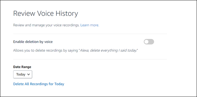 Review Voice history dialog, with Enable deletion by voice toggle.
