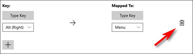 Click the trash can icon to delete a key mapping in PowerToys.