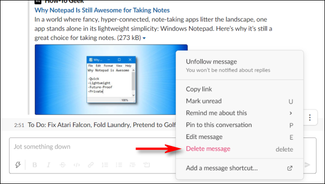 Click Delete message to delete a message to yourself in Slack