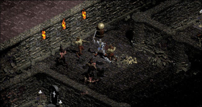 A group of characters fighting with swords in Diablo.