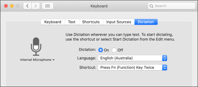 The Dictation settings in the Keyboard menu. 