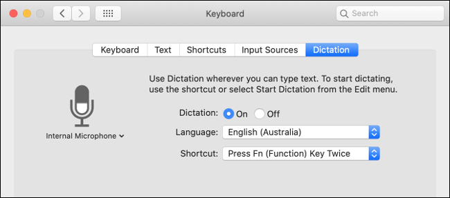 The Dictation settings in the Keyboard menu.