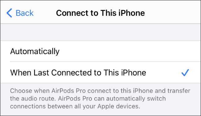 Selecting When Last Connected to This iPhone for AirPods.