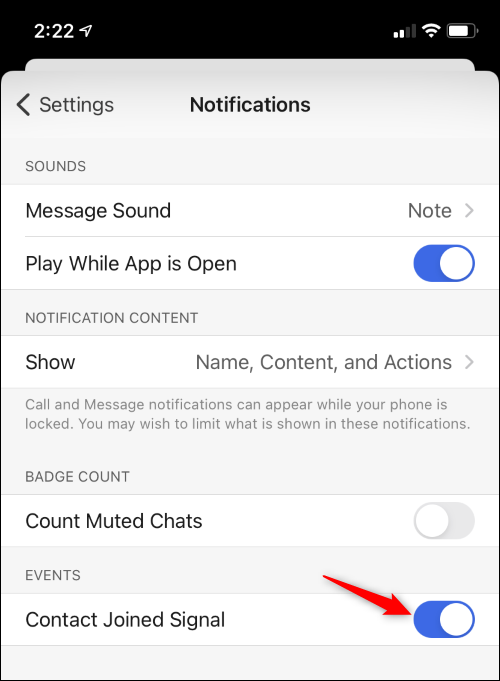 Tap the Contact Joined Signal toggle.