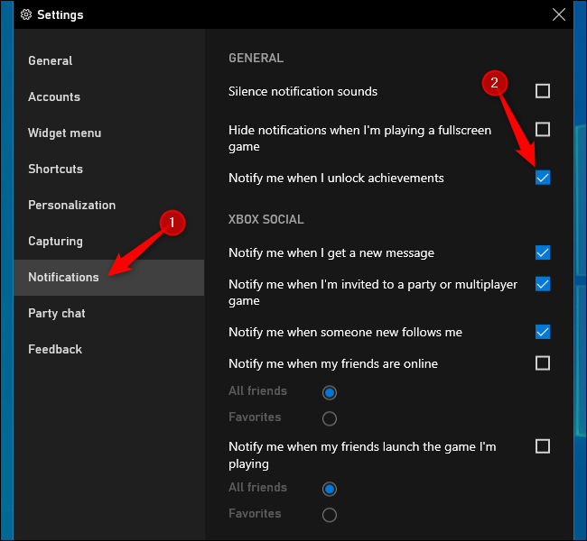 Disabling Xbox achievement notifications on Windows 10.