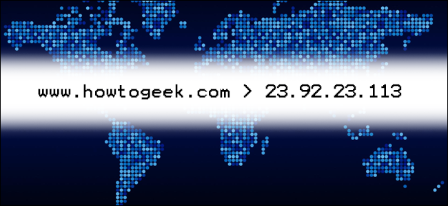 A map of the world shown as blue digital dots with the www.howtogeek.com DNS server info printed over it.
