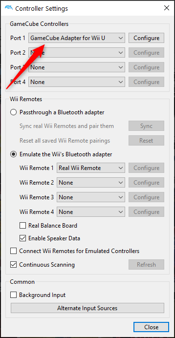 Select the controller in the Port 1 box