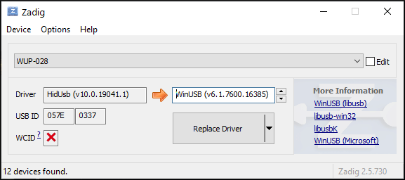 Replacing a driver in Zadig