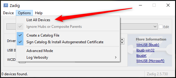 Select List All Devices in Zadig's Options menu