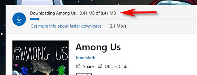 An example of the download progress indicator in the Microsoft Store on Windows 10.