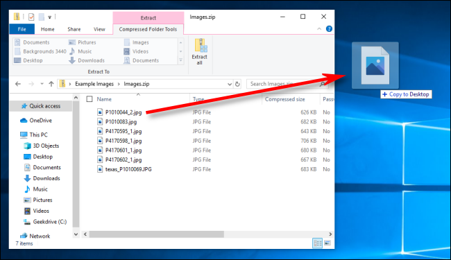 Dragging a file out of a Zip file in Windows 10.