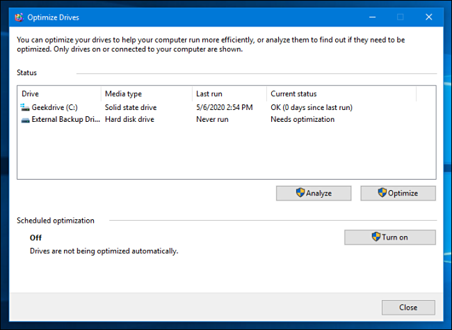 A list of drives in Windows 10 Optimize and Defragment tool