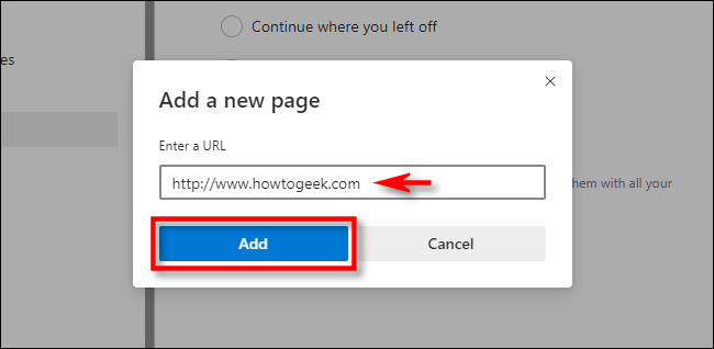 In Edge Settings, enter a website address, then click Add.