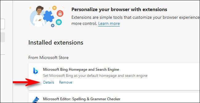 In the Edge extensions list, click the Details link.