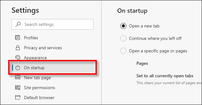 In Edge Settings, click On startup.