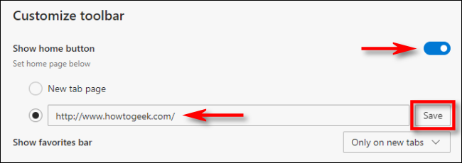 In Edge Settings, click Show home button, then enter a URL for your home page. Then click Save.