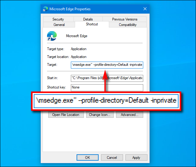Add InPrivate to path in shortcut to Microsoft Edge on Windows 10